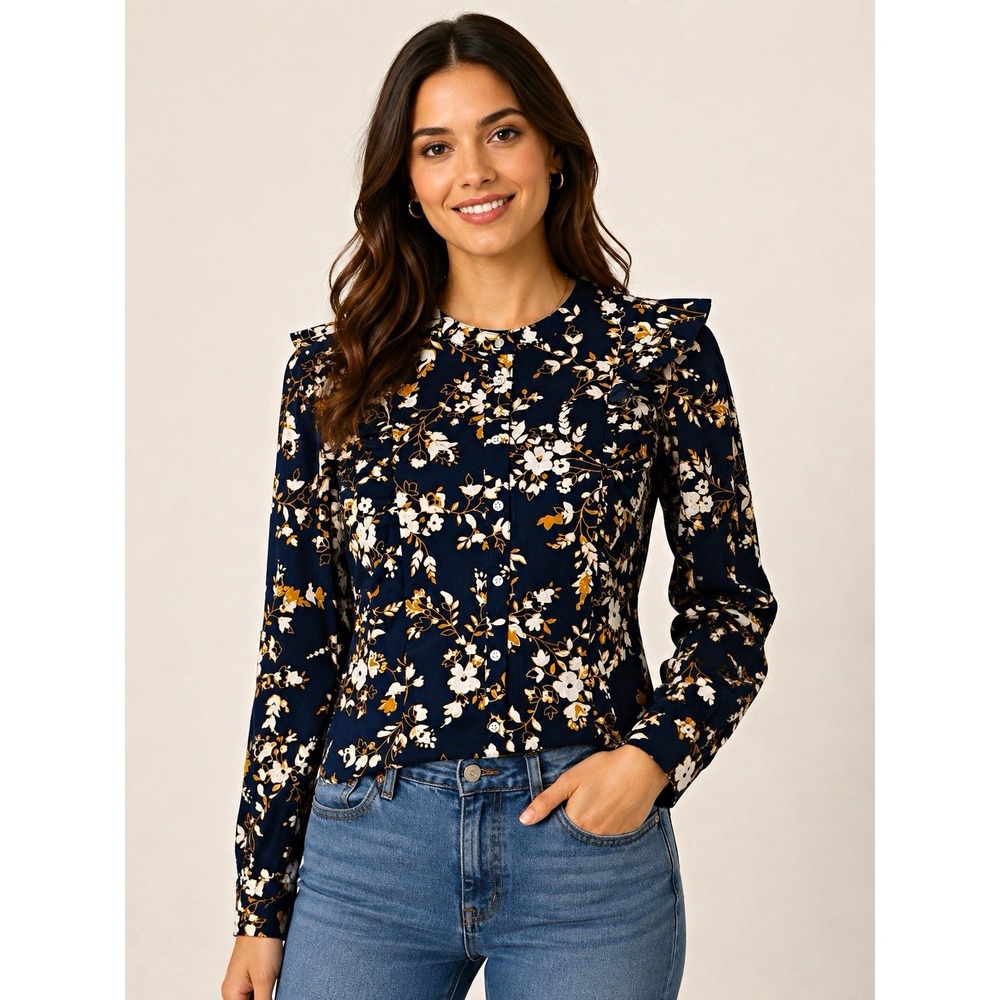 J.Crew Navy Floral Button-Front Ruffle Puff Long Sleeve Blouse, Size S